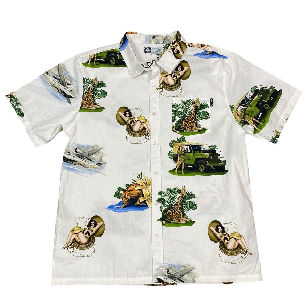 LRG Lifted Research Hawaiian Button Up Shirt Men's XL Military Safari Pin Up NWT